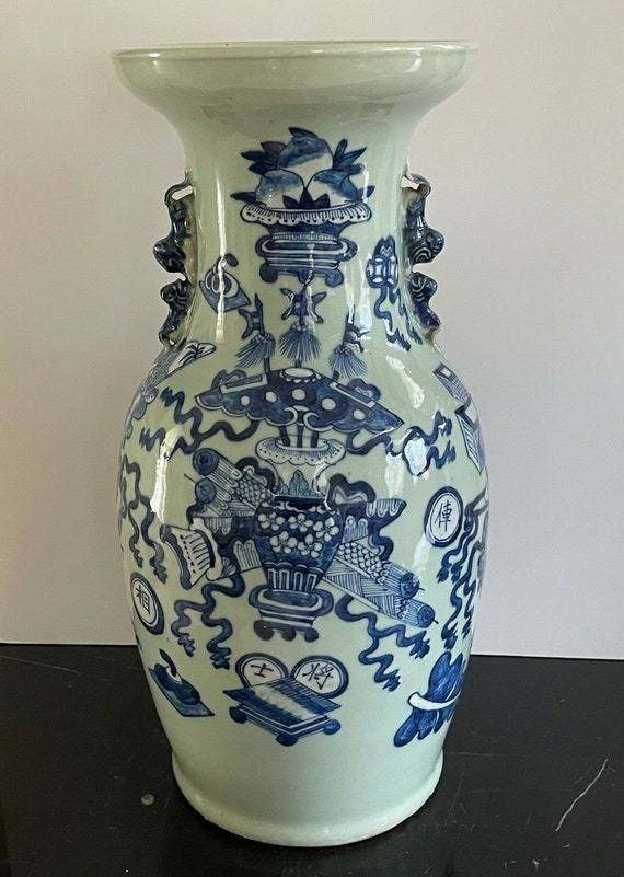 Antique Chinese Celadon Pottery Vase With Blue Decoration and