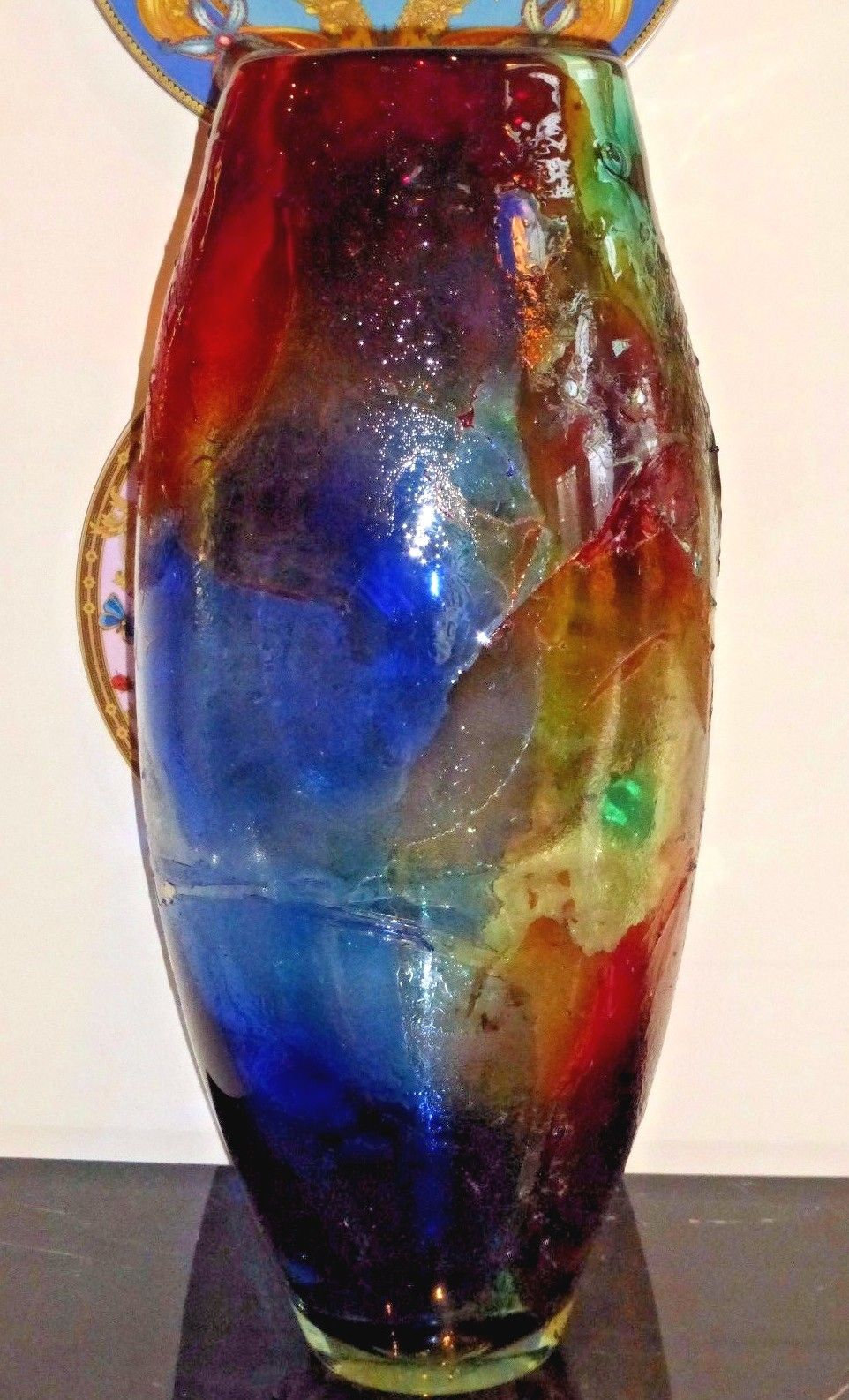 Emeshel Art Glass Vase 22" Hungarian Emerald, Red, & Blue