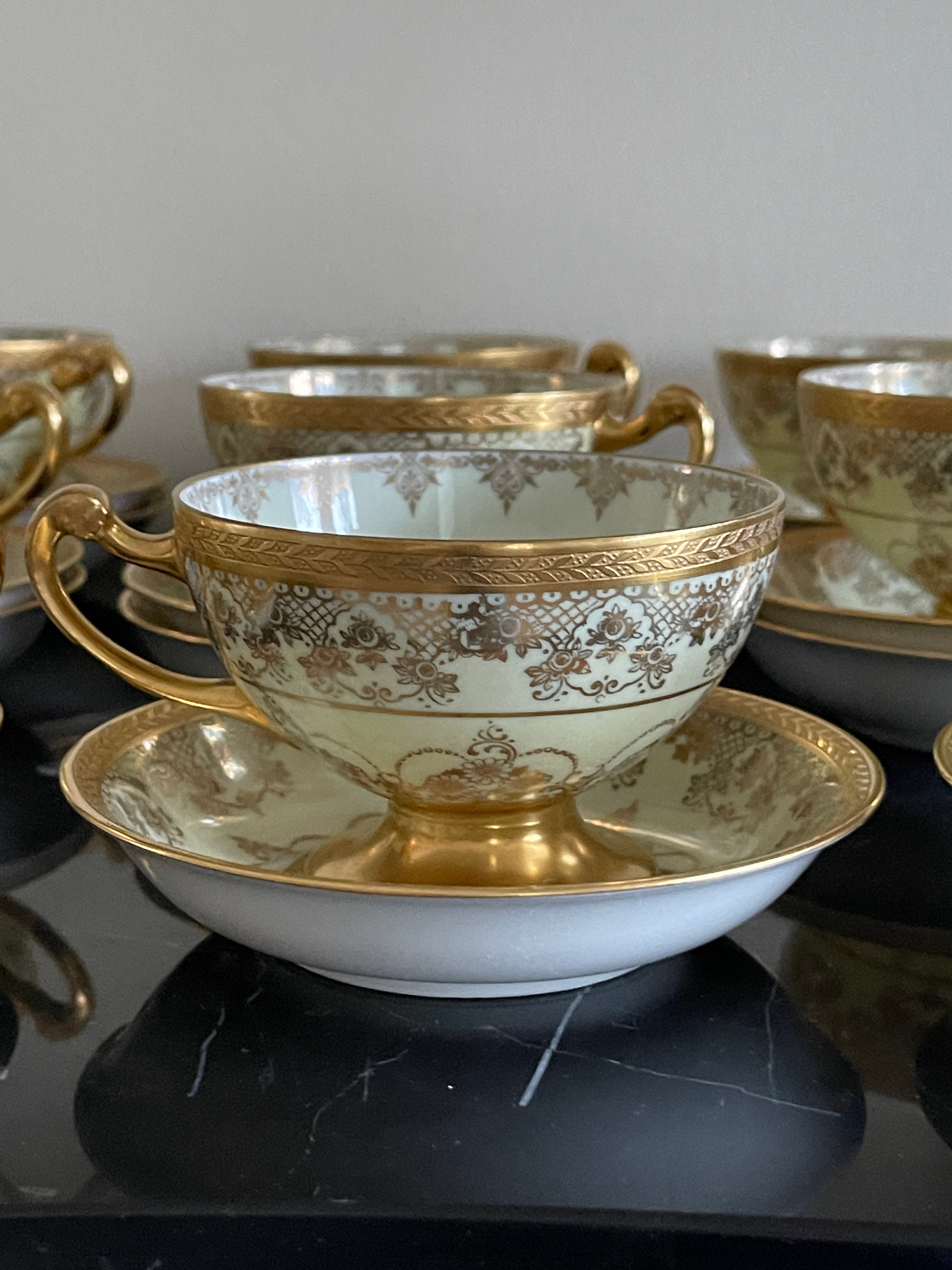 Hutschenreuther Selb Bavaria Porcelain Gold Encrusted Tea Cups and