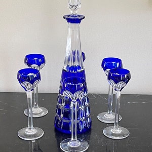 Saint Louis Crystal Cobalt Blue Cut to Clear Decanter & 6 Cordial Liquor Glasses