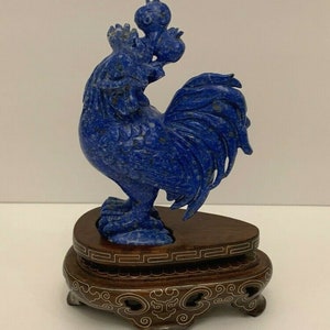 Antique Chinese Carved Lapis Lazuli Rooster Sculpture on Wood Base