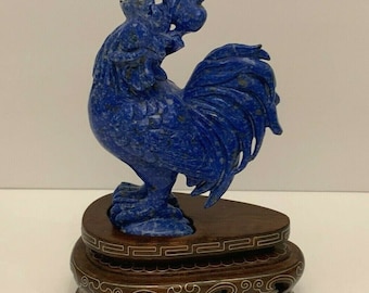 Antique Chinese Carved Lapis Lazuli Rooster Sculpture on Wood Base