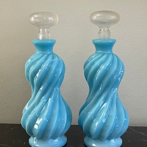 Vintage Pair of French Portieux Swirl Blue Opaline Perfume Bottles