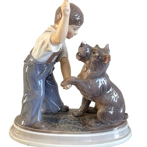 Copenhagen Dahl Jensen Boy w Schnauzer Dog Porcelain Figurine #1206 2nd Quality