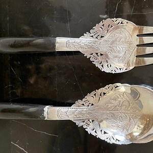 Vintage Malaysian Mohd Salleh Silver Serving Fork & Spoon Horn Handles 245 Grams