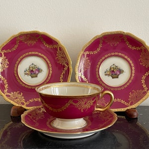 Vintage Hohenberg Bavaria Black Knight Red Floral Cup and 3 Saucers