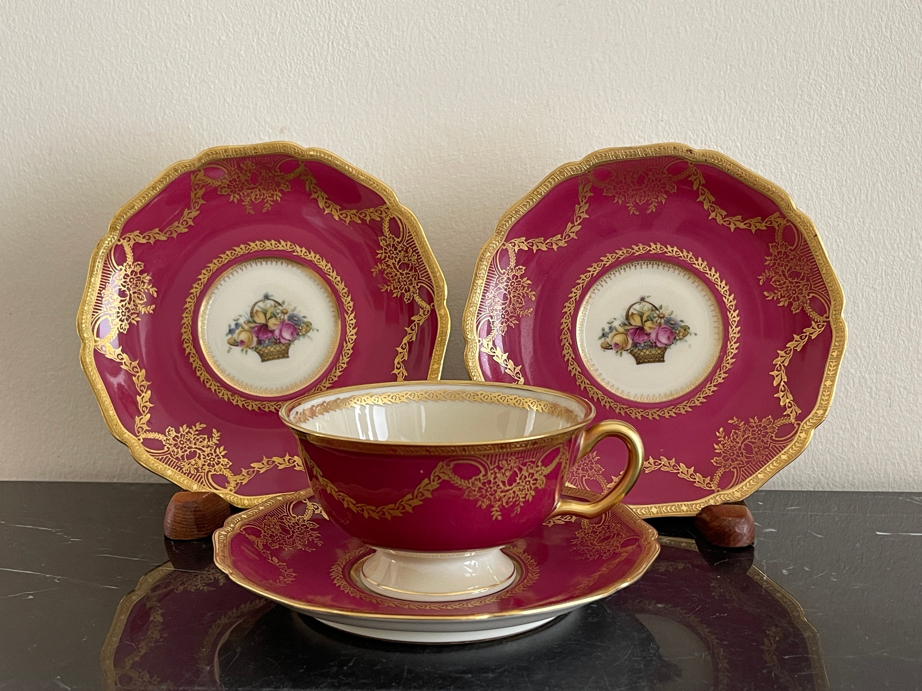 Vintage Hohenberg Bavaria Black Knight Red Floral Cup and 3