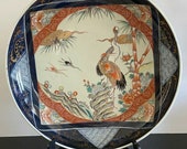 Antique Japanese Imari Cranes and Floral 16 quot Bowl or Centerpiece