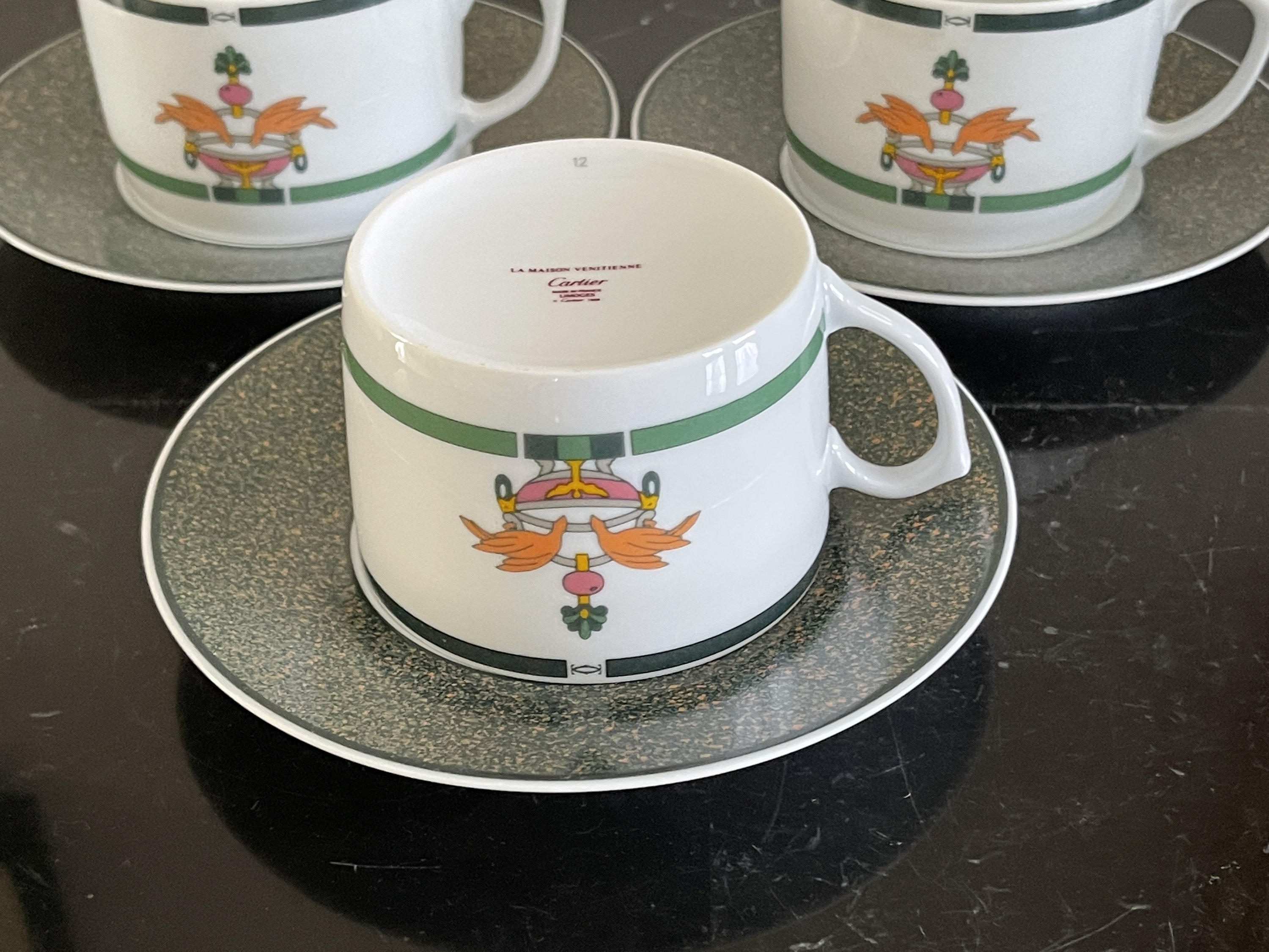 Cartier La Maison Venitienne Limoges Porcelain Jade Pattern 3 Cups