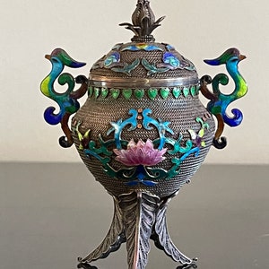Superb Antique Chinese Fine Silver Gilt Enamel Filigree Footed and Lidded Vessel