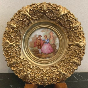 Vintage French Ornate Brass Limoges Fragonard Plaque 6"