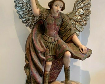 Impressive 26" Carved Wood Polychrome Statue of the Archangel Michael Glass Eyes