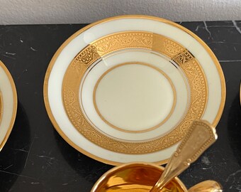 Legle Porcelain Limoges Gold Encrusted Set 6 Demitasses, 5 Saucers