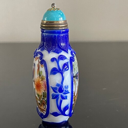 Vintage shops Chinese Glass Snuff Bottle with Blue Overlay and Hand Painted Decoration