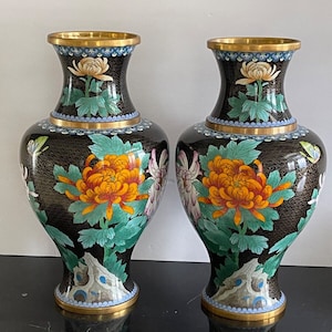 Vintage Fabulous Pair of 15.5" Tall Cloisonne Vases