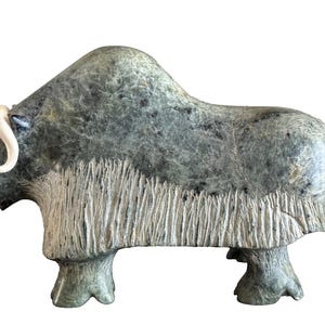 Inuit Eskimo Art Signed Impressive Muskox Carved Stone Sculpture