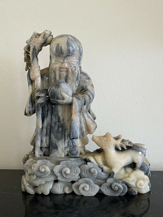 ヴィンテージ 中国 寿心功 長寿神と鹿の彫刻 石鹸石彫刻 - Etsy 日本