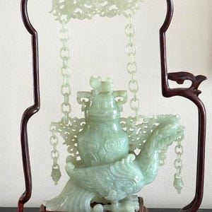 Superb Antique Chinese Hand Carved Jade Hanging Covered Vessel on Wood Stand