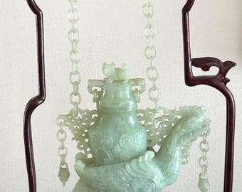 Superb Antique Chinese Hand Carved Jade Hanging Covered Vessel on Wood Stand
