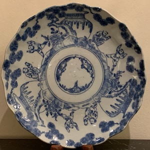 Antique Chinese Blue and White Plate with Figural, Vases and Foliage Decoration