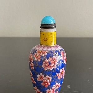Vintage Chinese Peking Glass Snuff Bottle with Hand Painted Floral Relief Decor