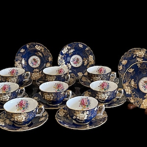 Vintage Crown Staffordshire Mottled Cobalt Blue and Floral Cups and Saucers