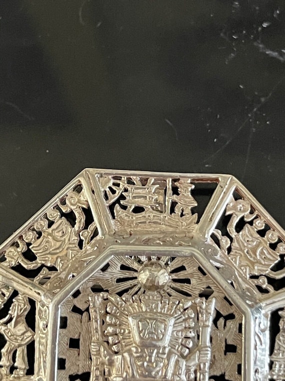 Vintage Sterling Silver .925 Aztec Calendar Pin P… - image 5