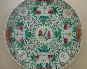 Antique Fine Chinese Canton Famille Rose Fruits and Bats Decorated Plate