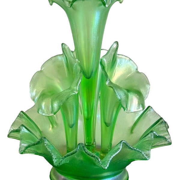 Vintage Fenton 4 Horn Green Satin Opalescent Epergne Centerpiece 13" Tall *