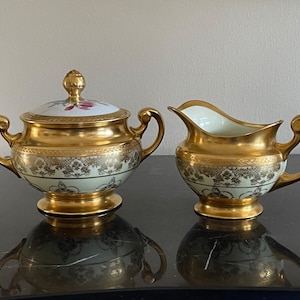 Hutschenreuther Selb Bavaria Porcelain 1929 Gold Encrusted Creamer & Sugar Bowl