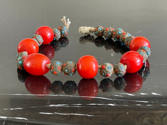 Vintage Tibetan Coral Turquoise Inlay Stones Bead… - image 2
