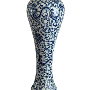 Impressive Vintage Chinese Blue and White Dragon Vase with Qianlong Mark