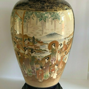 Monumental Japanese Meiji Satsuma Porcelain Vase on Wood Stand 20"