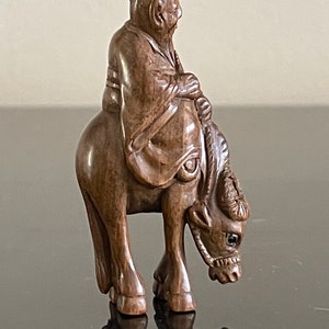 Japanese Netsuke Carved Wood Man Riding a Horse Figurine *