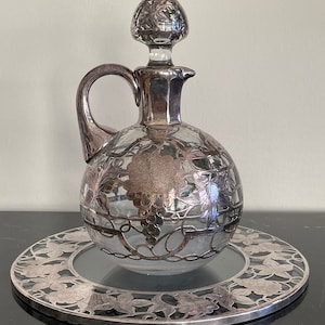 Antique Alvin .999/1000 Sterling Silver Overlay Glass Decanter with Under Plate