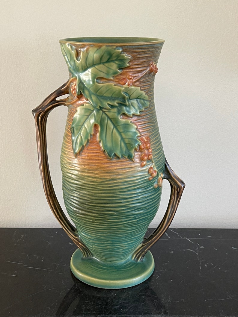 Vintage Roseville Bushberry Green 3710 Vase Etsy