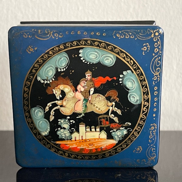 Russian Hand Painted Signed Blue Black and red Lacquer Box