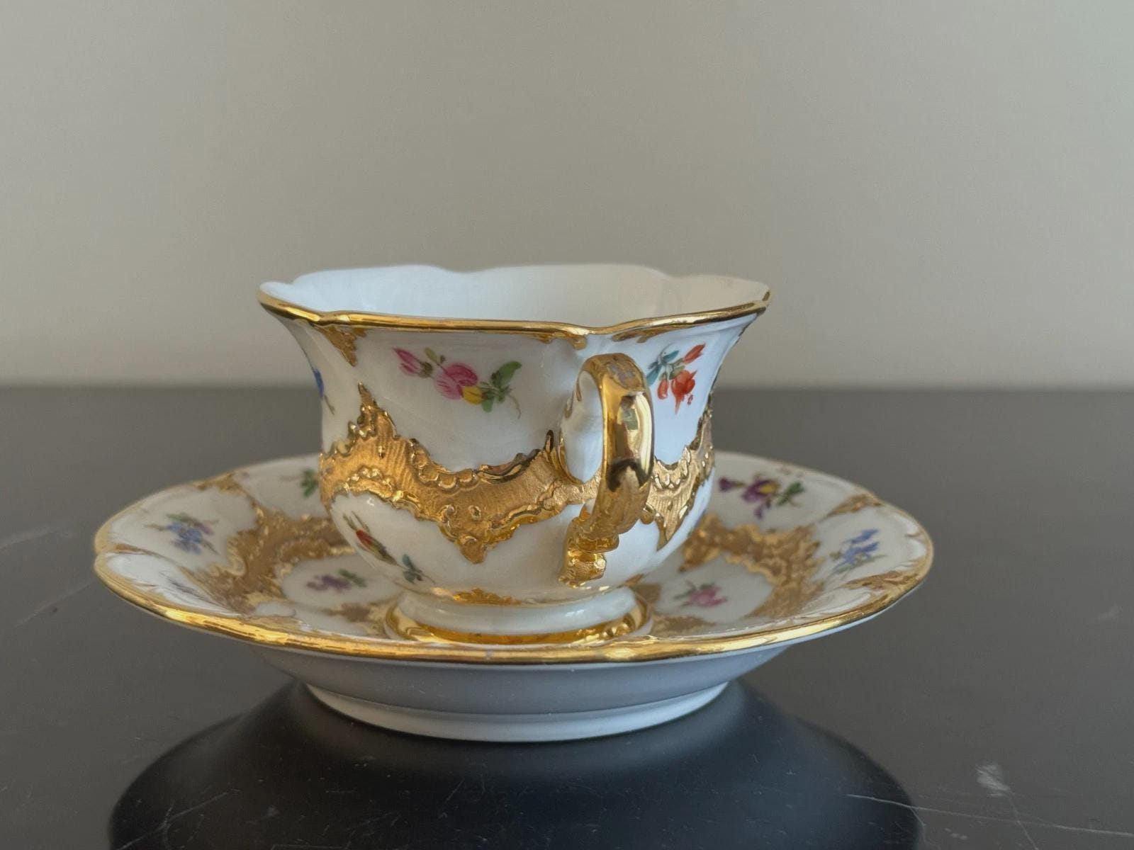 Meissen Porcelain Heavy Gold Encrusted and Flowers Porcelain Cup