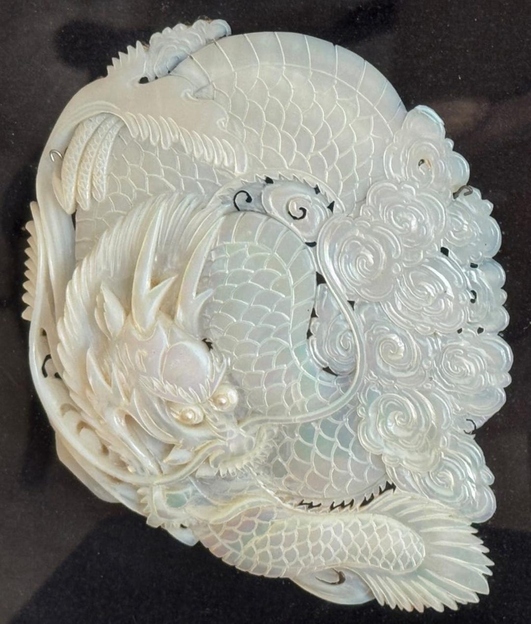 Antique Chinese Framed Mother of Pearl Shell With Hand Carved
