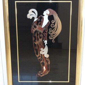 Erte Unique Reverse Foil Enamel on Glass Art Deco Lovely Lady Painting