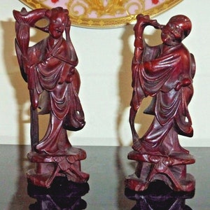Vintage Chinese Carved Wood Couple Statues Figurines