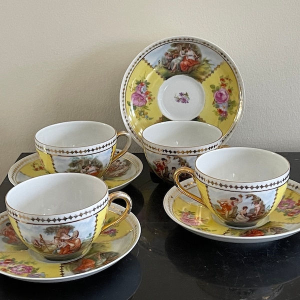 Antique Porcelain Quatrefoil Victoria Czecho-Slovakia 4 Cups and Saucers