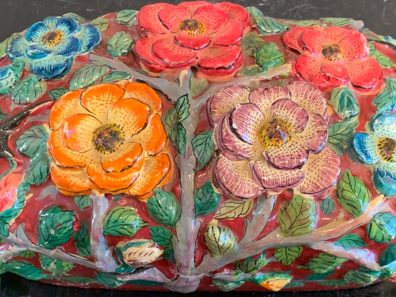 Antique Papier Mache Relief Floral Bird Decoration Lacquer Box Etsy
