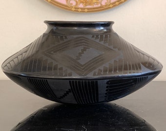 Vintage Mata Ortiz Blackware Textured Pottery Bowl by Eusebio Sandoval