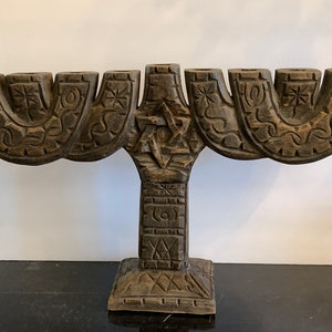 Vintage Signed Hand Carved Wood Jewish Judaica Hanukkah Menorah with Star of David