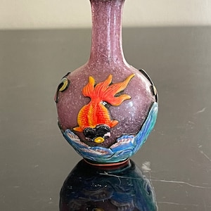 Vintage Peking Glass Snuff Bottle with Overlay Fish Decor & SHOU Symbol Mark