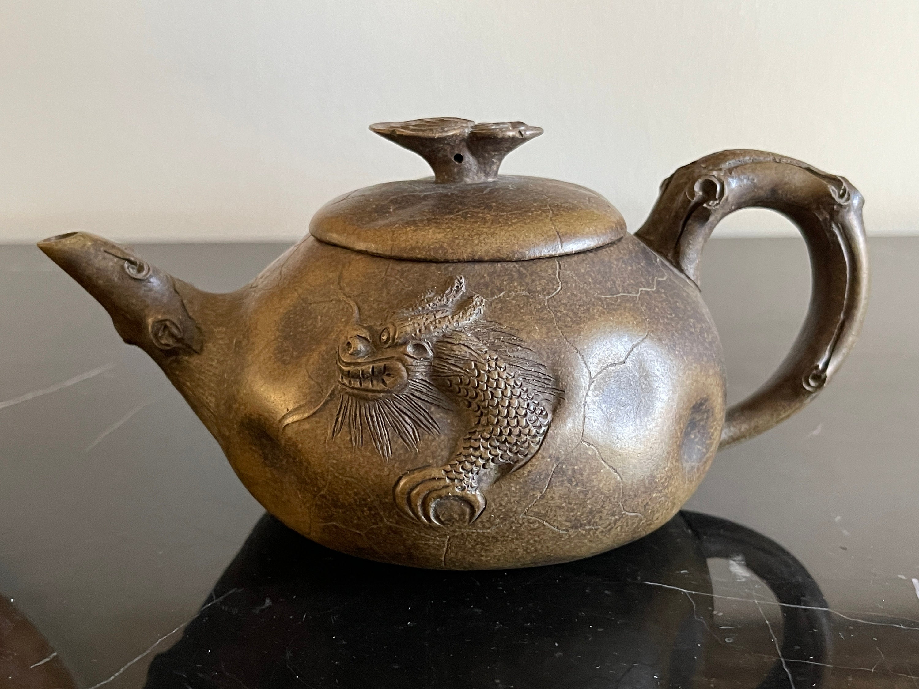 Vintage Chinese Yixing Signed Relief Dragon and Koi Fish Pottery Teapot
