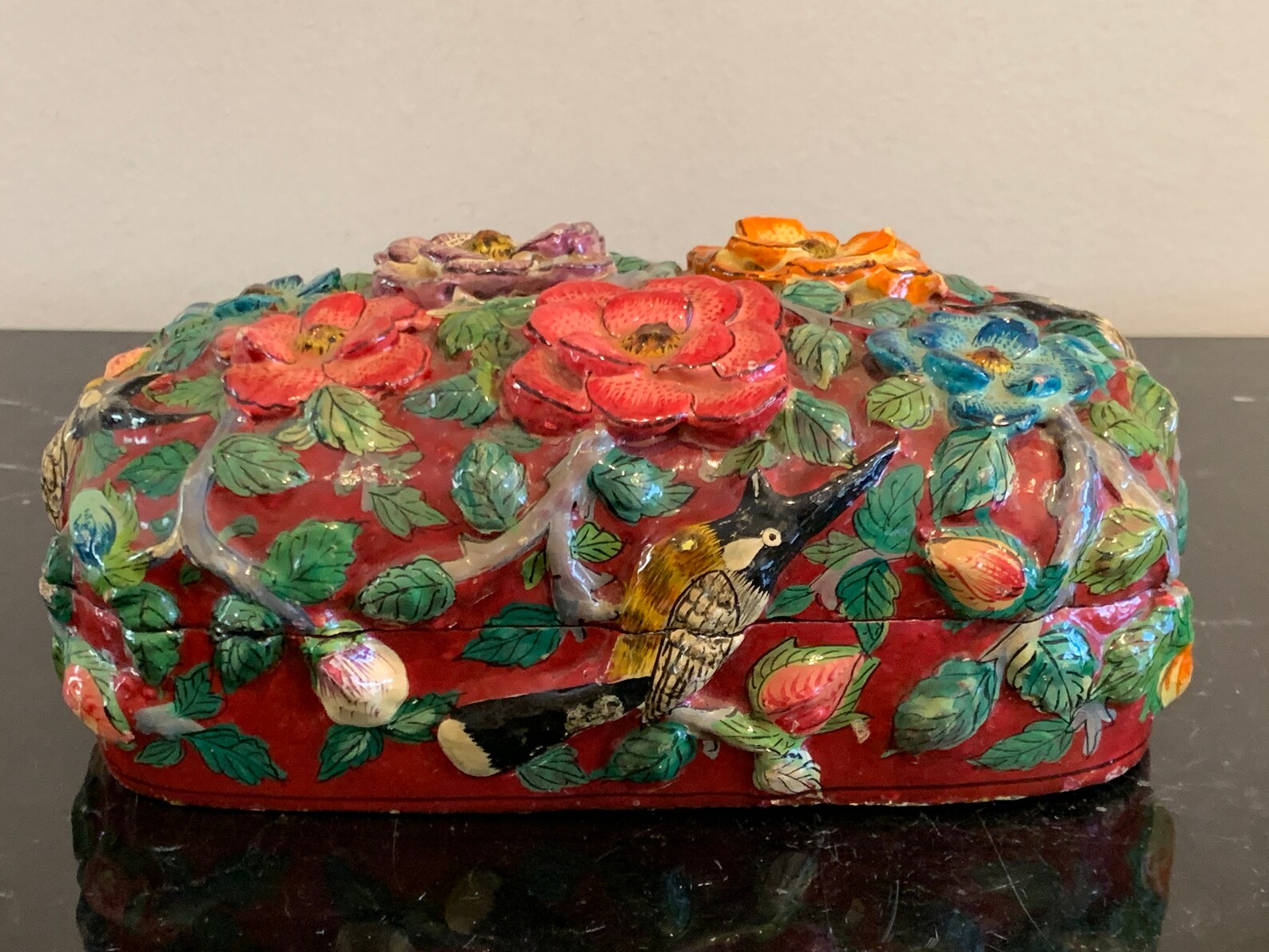 Antique Papier Mache Relief Floral Bird Decoration Lacquer Box Etsy