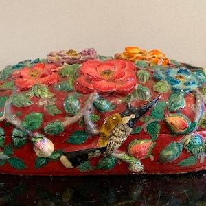 Antique Papier Mache Relief Floral Bird Decoration Lacquer Box