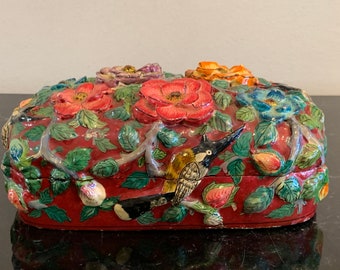 Antique Papier Mache Relief Floral Bird Decoration Lacquer Box